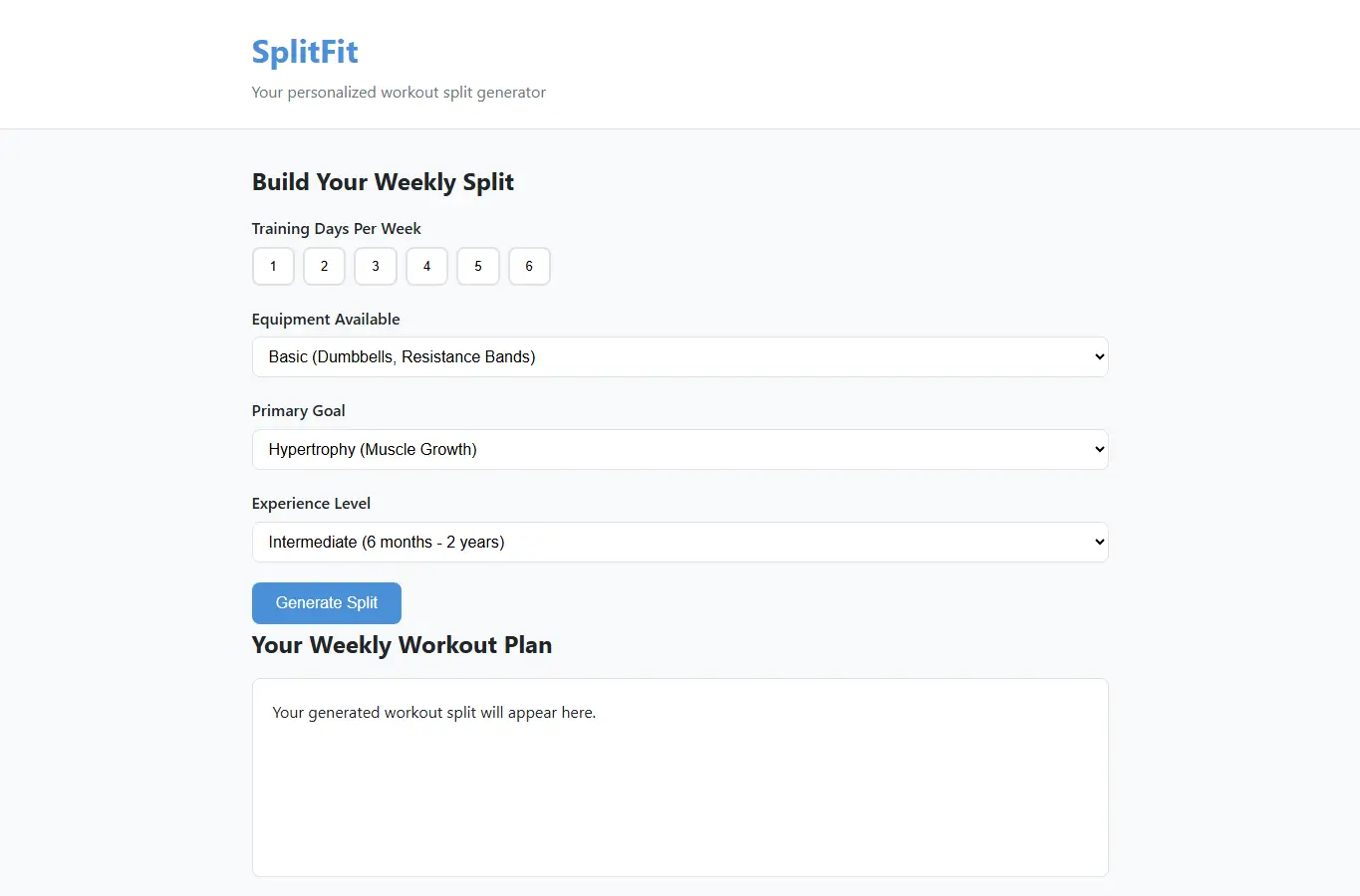 Screenshot of SplitFit - Workout Split Generator interface showing the project page in use